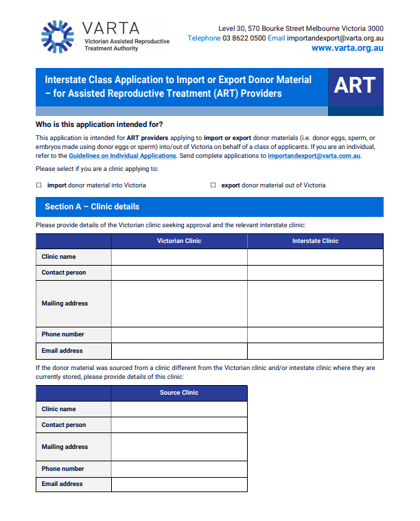 Interstate Class Application to Import or Export Donor Material  – for Assisted Reproductive Treatment (ART) Providers