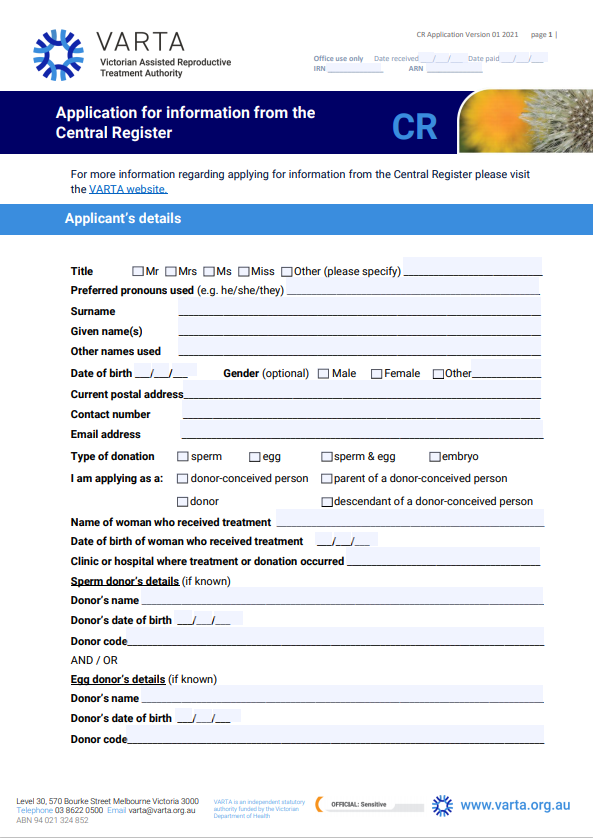 Central register application form