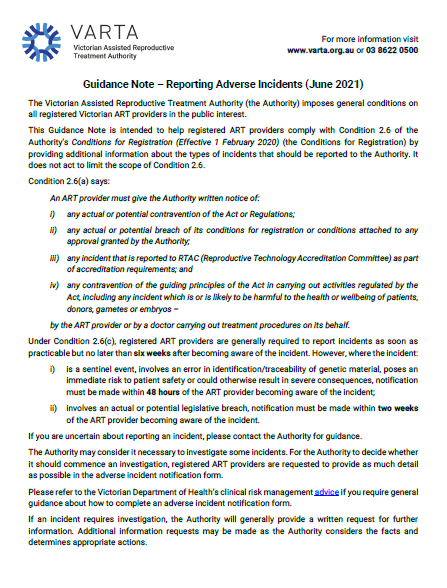 Image of guidance note - adverse incident reporting 