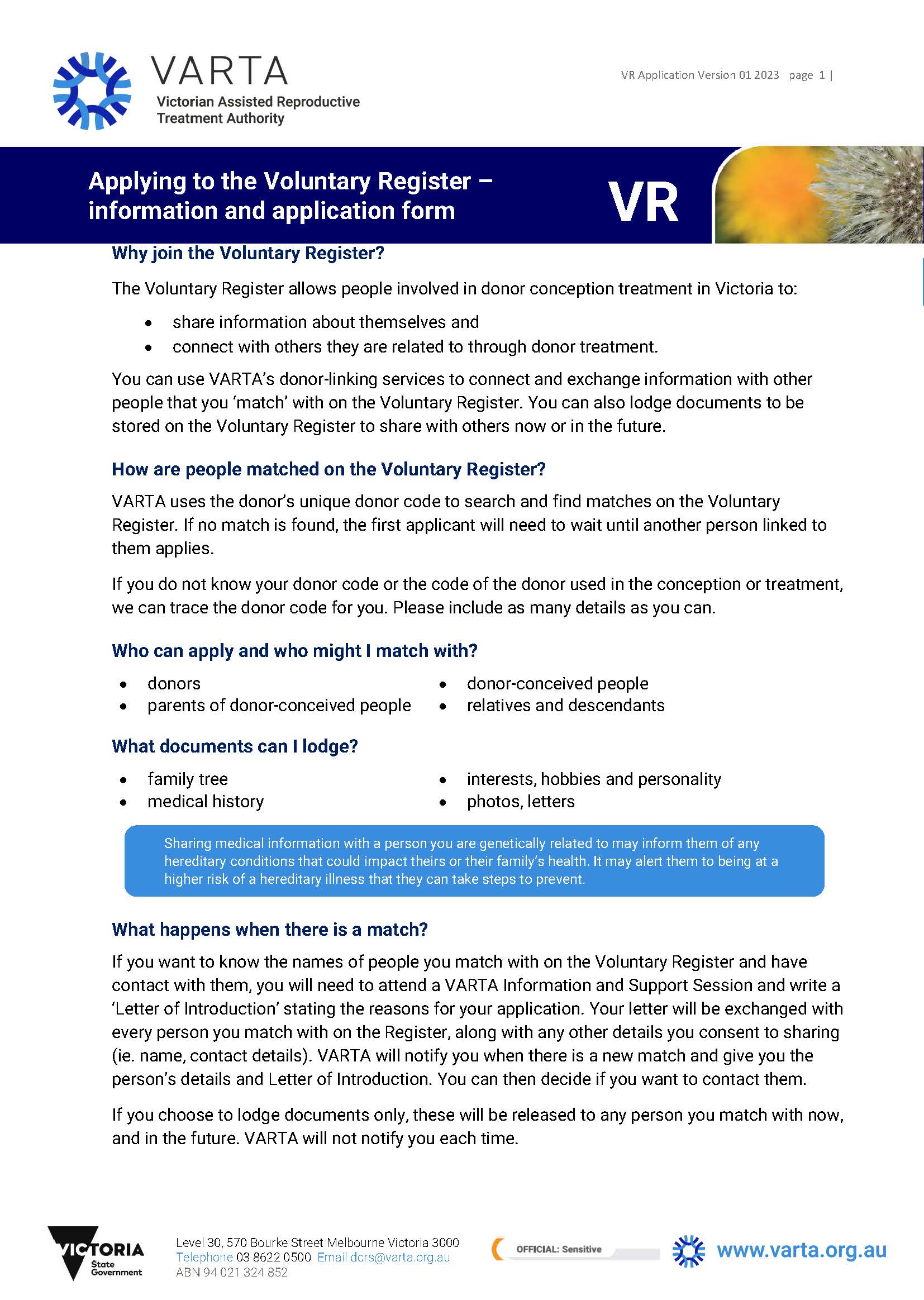 Voluntary Register application form image